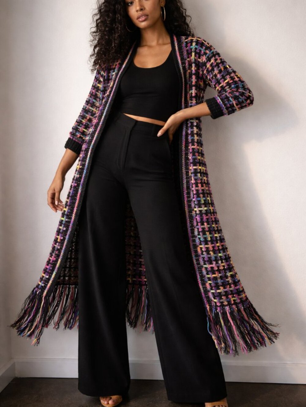 Impulsive Women's XL Black Multicolor Chunky Knit Fringe Duster Cardigan Boho